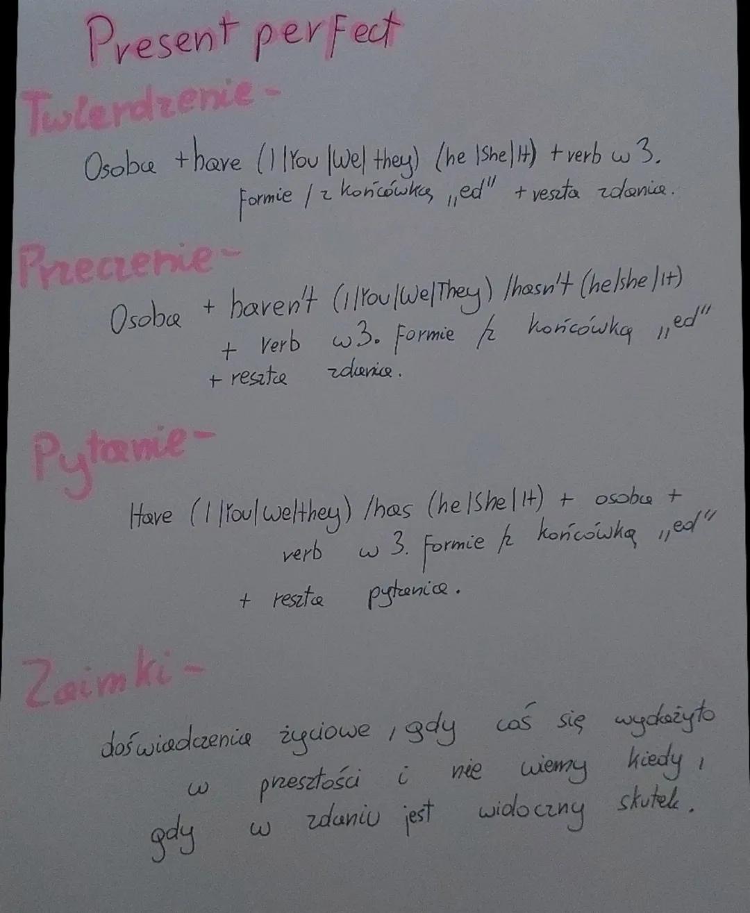 Present simple
Twierdzenie-
Osoba + czasownik |+ (e) SR Do 30s. I poj.
Przeczenie-
Osoba + don't doesn't +czasownik (e)s
Pytanie.
Do Does +