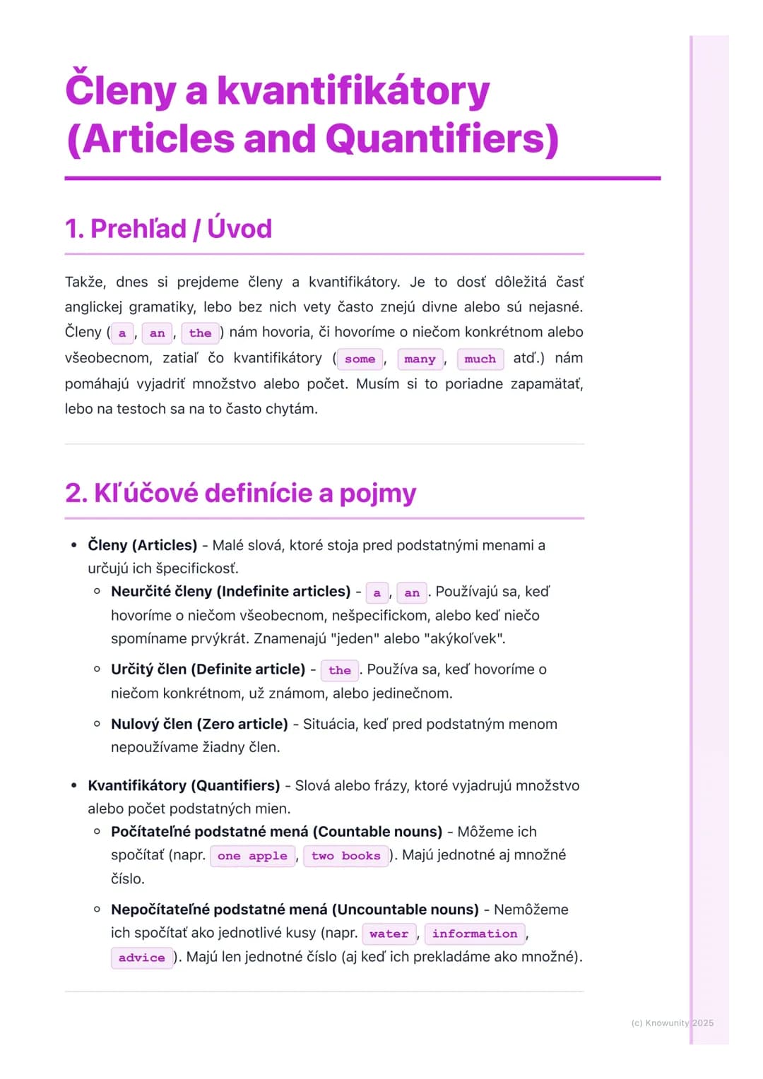 # Členy a kvantifikátory
(Articles and Quantifiers)
1. Prehľad / Úvod
Takže, dnes si prejdeme členy a kvantifikátory. Je to dosť dôležitá