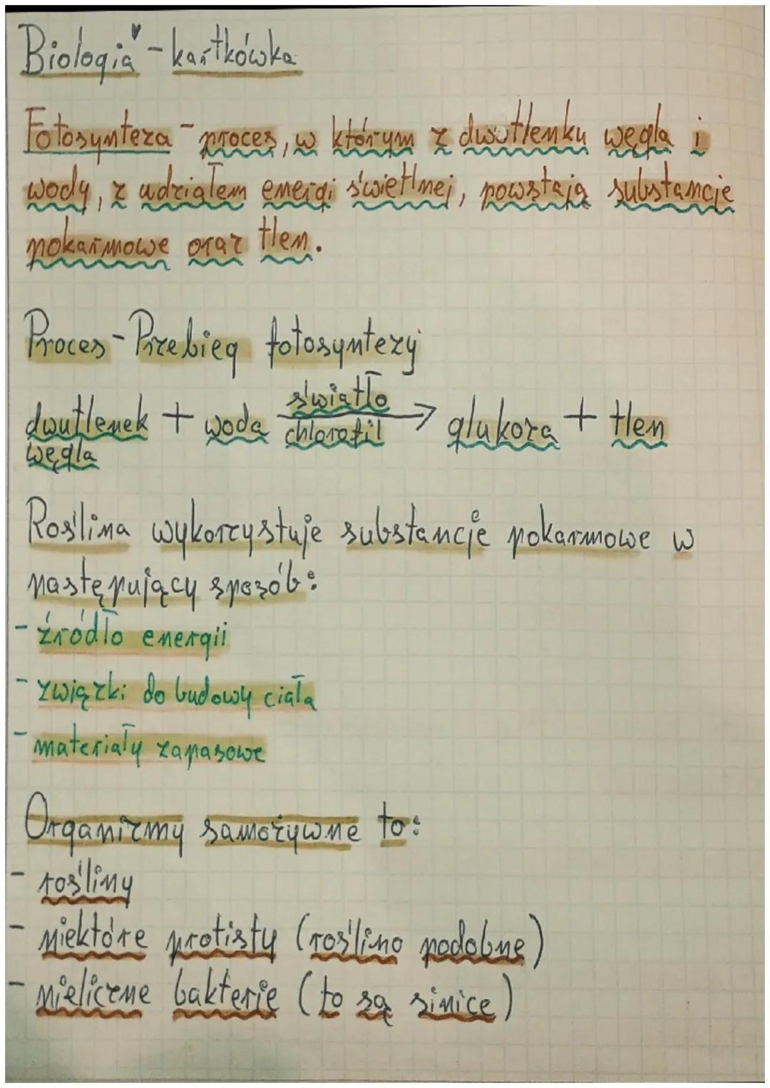 Biologia - kartkówka
Fotosynteza - proces, w ktér you z dusutlemku wegla
1
wody, z udziałem emergi s'wietlmej, powstają substancje
mokar Mio