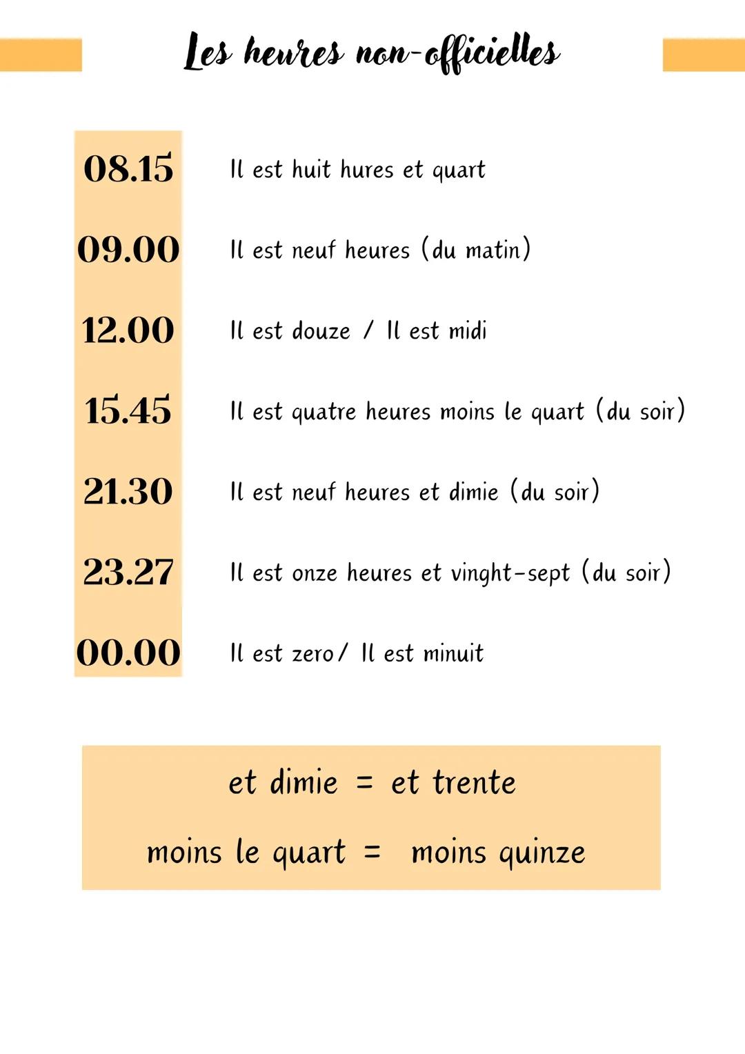 # Quelle heure est-il?
-KTÓRA GODZINA? -
# Les moments de la journée
Le matin L'après-midi Le soir
La nuit
# Les heures
midi/minuit
o