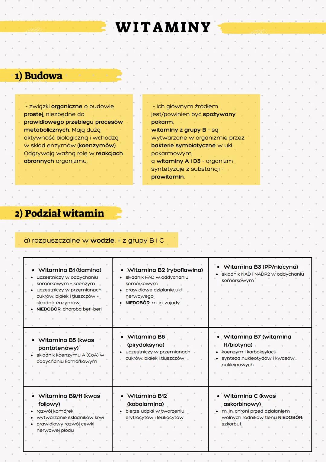 # WITAMINY
1) Budowa
- związki organiczne o budowie
prostej, niezbędne do
prawidłowego przebiegu procesów
metabolicznych. Mają dużą
aktywn