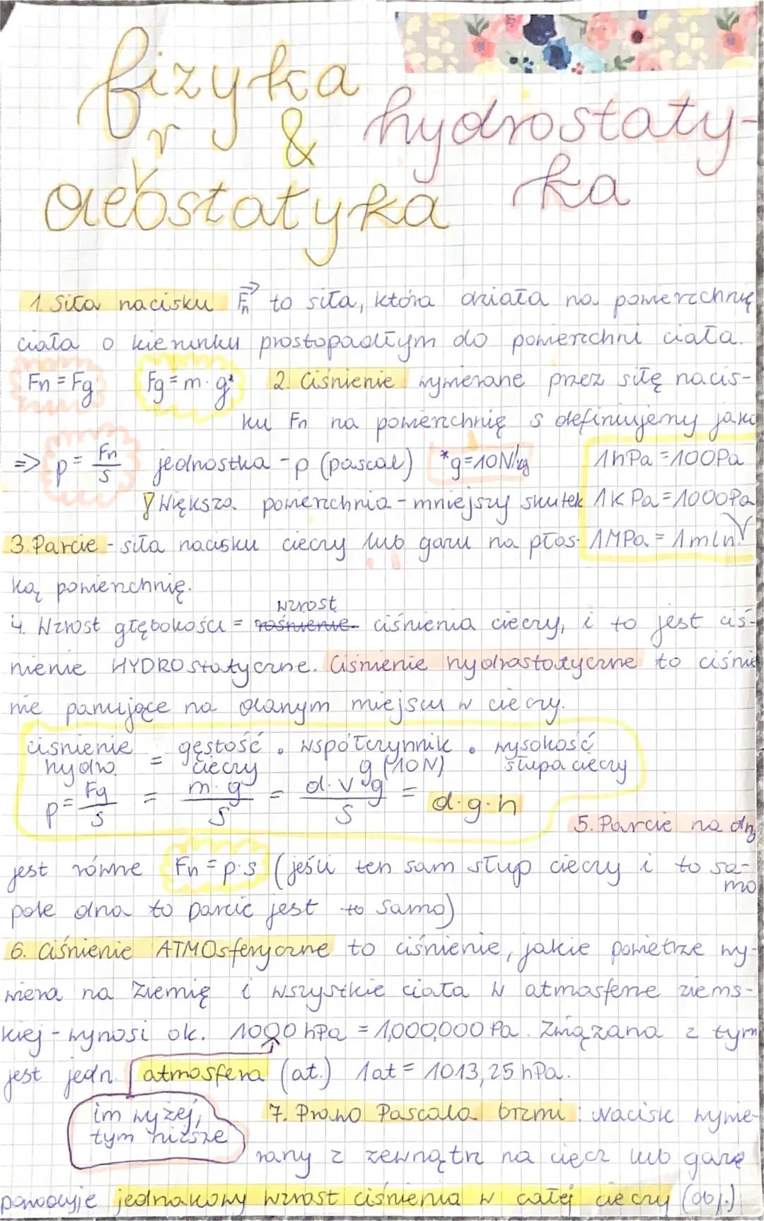 fizyka hydrostaty
rebstatyka ka
1. Sita nacisku to sita, która działa na pomerechne
ciała o kierunku prostopadłym do pomerichni ciata.
Fn =