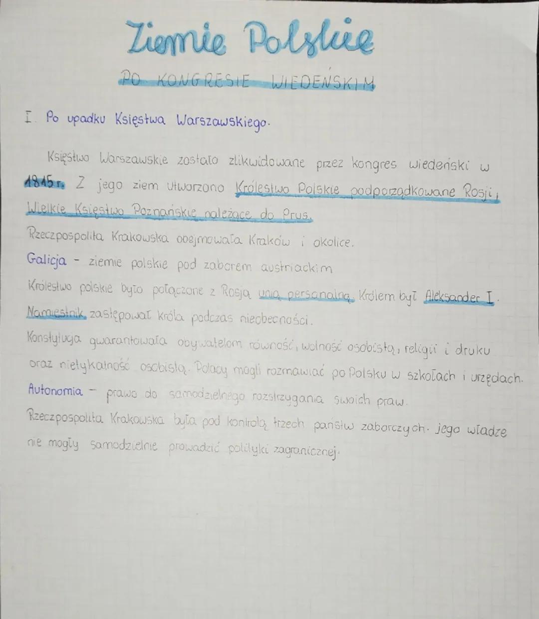 Ziemie Polskie
PO KONGRESIE WIEDENSKIM
I. Po upadku Księstwa Warszawskiego.
Księstwo Warszawskie zostało zlikwidowane przez kongres wiedeńsk