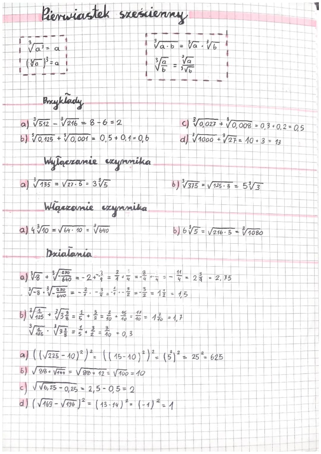 Pierwiastek sześcienny
1
Va³=
1 (80 1² = 21
Przykłady
a) √√512 - ³√216 = 8 - 6 = 2
b) √ 0,125 + ³√ 0,001 = 0,5 + 0,1 = 0,6
al
Wyłączanie czy