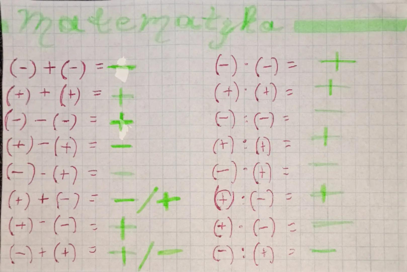 Matematyka
(-)+(-) =
(+) + (+) =
(-) -(-) =
(+)-(+) = -
(-)-(+) =
(+) + (-) = -/+
(+) -(-) = 1
(-)+(+) 3-1/E
(+) (+) =
(-) : (-) =
(+) (+)