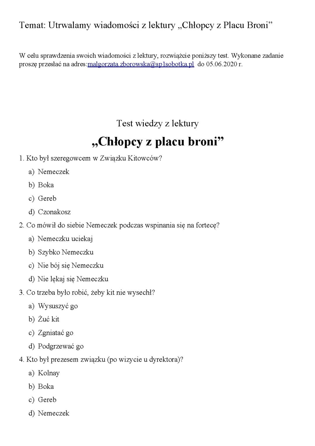 Chłopcy z Placu Broni - Test wiedzy z lektury