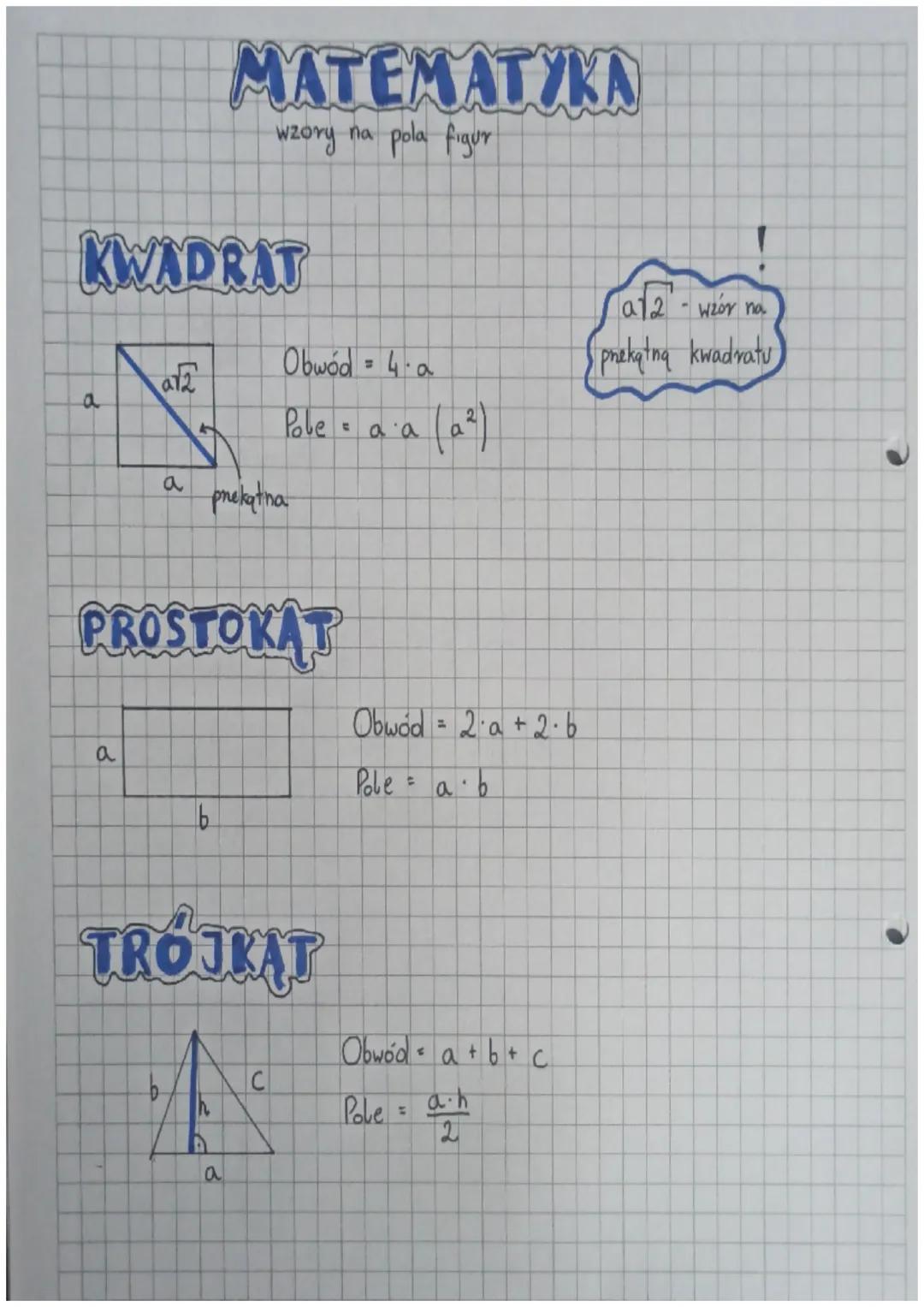 a
KWADRAT
a√2
a
MATEMATYKA
pola figur
wzory na
b
Obwód 4.a
Pobe a a
E
prekatna
PROSTOKĄT
TRÓJKĄT
b
A
C
In
a
(0²)
Obwód 2.a +2·b
Pobe = a·b
=