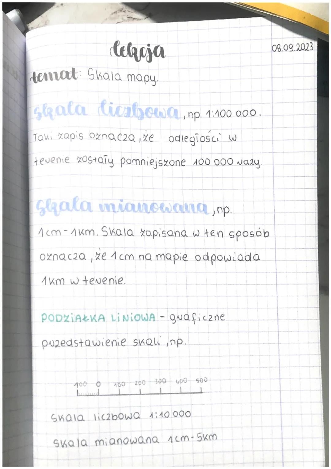 05.09.2023
# lekcja
remat: Praca z mapą na lekcjach
geografii ćwiczenia
## 1. Elementy mapy:
* skala - ile vazy pomniejszono na
mapie