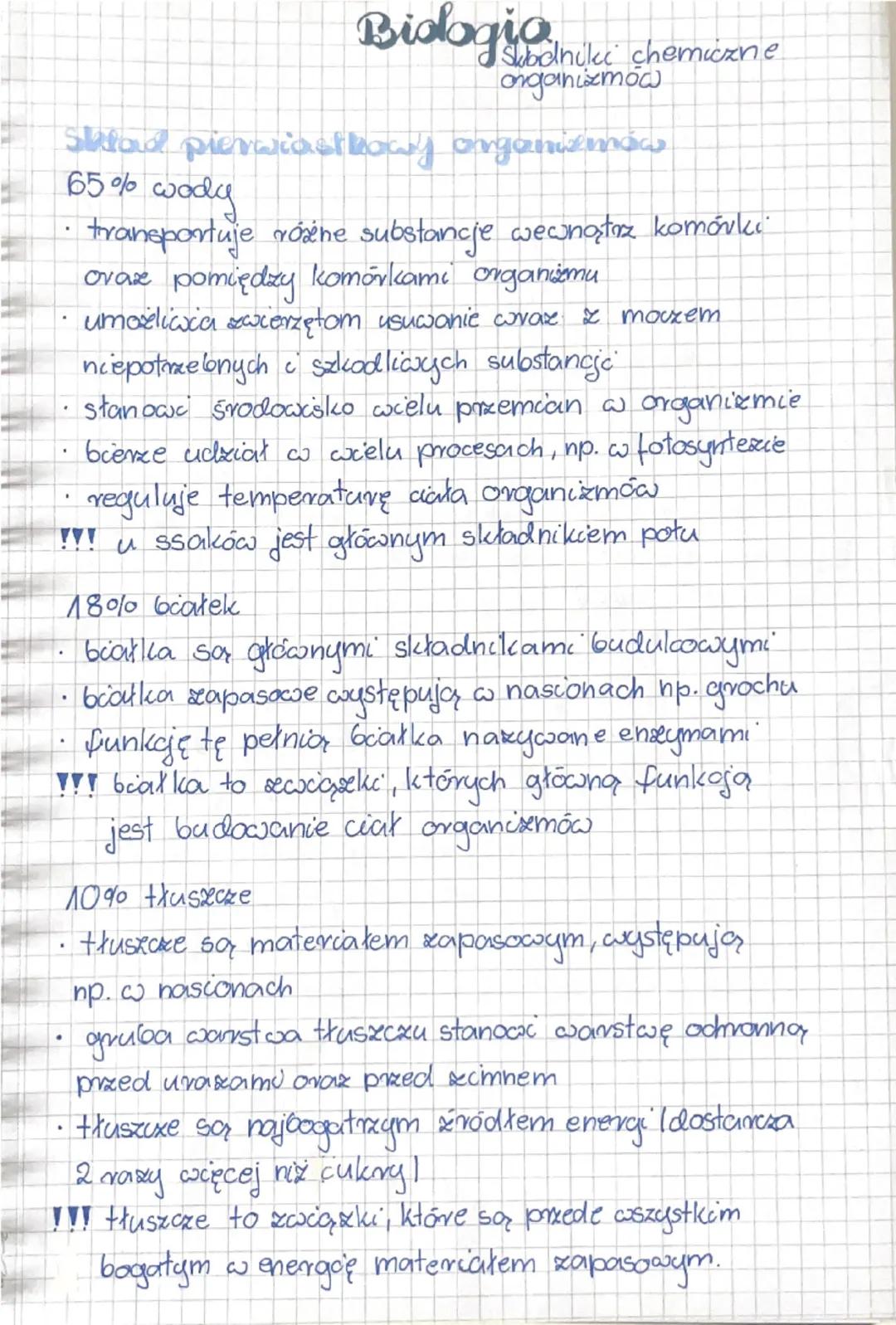 # Biologia
Składniki chemiczne
organizmów
Sklad pierwiastkowy organizmów
65% wody
* transportuje rószene substancje wewnątrz komórki
o
