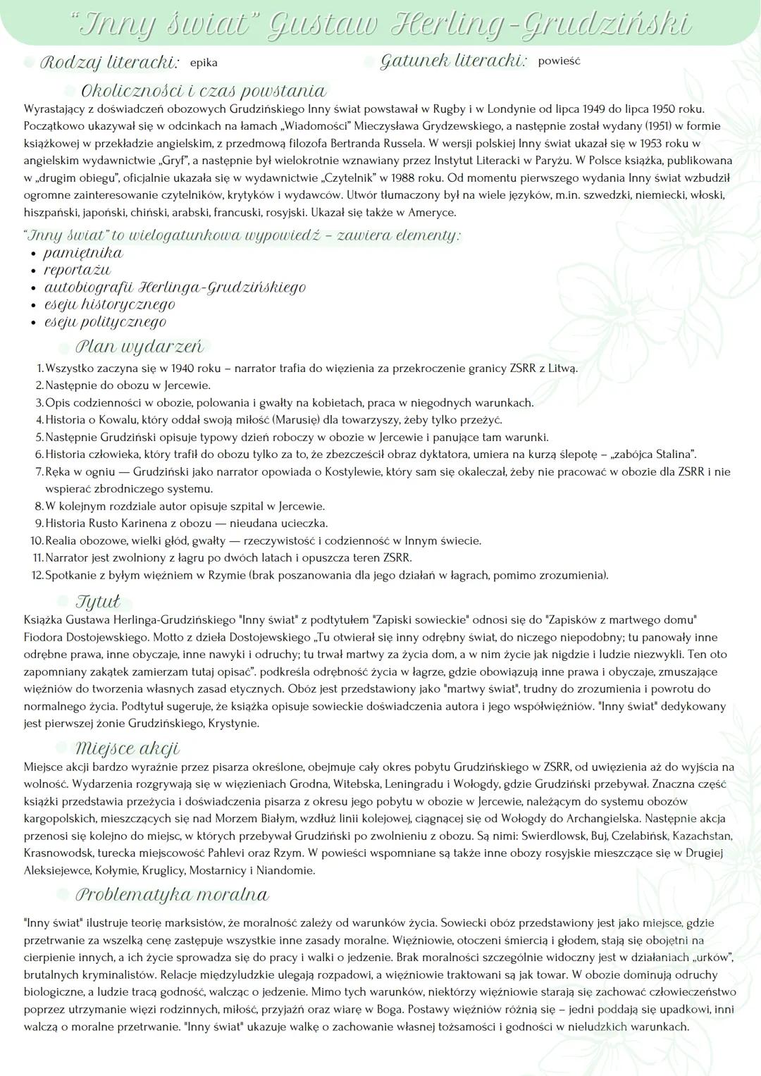 "Inny Świat" Gustaw Herling-Grudziński
Rodzaj literacki: epika
Gatunek literacki: powieść
Okoliczności i czas powstania
Wyrastający z doświa
