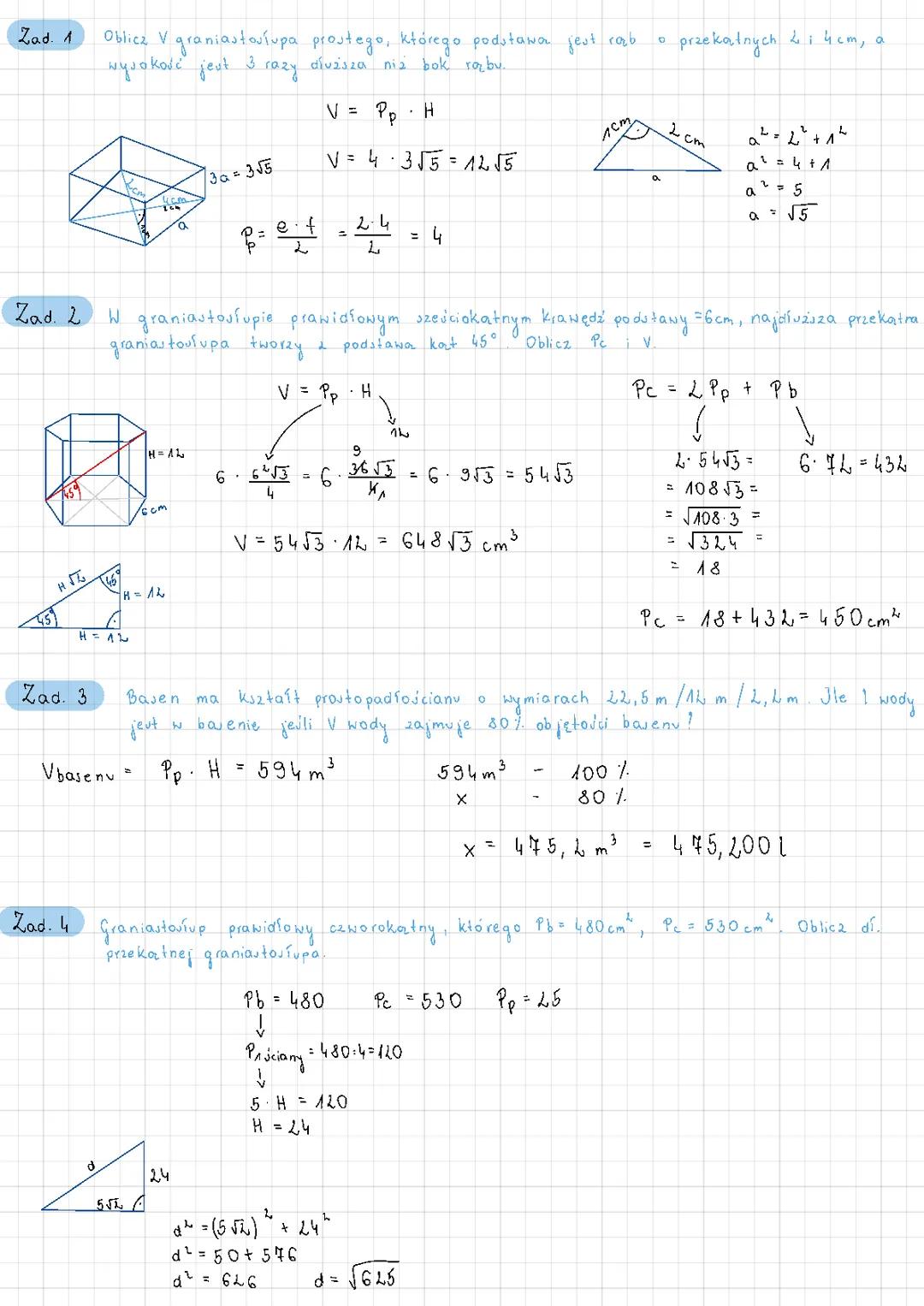 graniastosłupy matematyka - zadania z rozwiązaniami i rysunkami