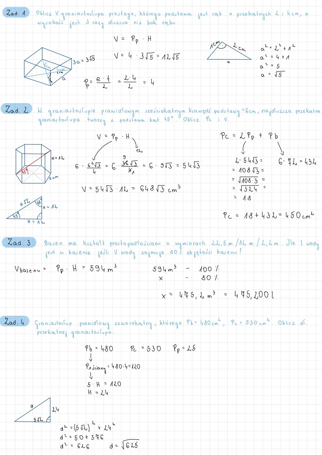 Zad. 1
Zad. 2
45
1459
H√Z
Zad. 3
Oblicz V graniastorlupa prostego, ktorego podstawa jest rab
wysokość jest 3 razy dłuższa niż bok rązbu.
Zad