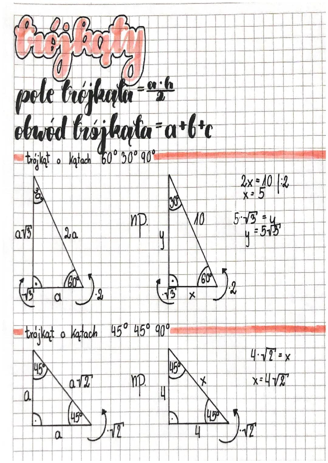 Chi
Eve
pole trójkąty -16
obwód brójkąta = a + b + c
trójkąt o kątach 60° 30° 90°
0
avs
O
ܨ
a
2a
N
Go
a 1.2
a
trojkąt o Katach 45° 45° 90°
1