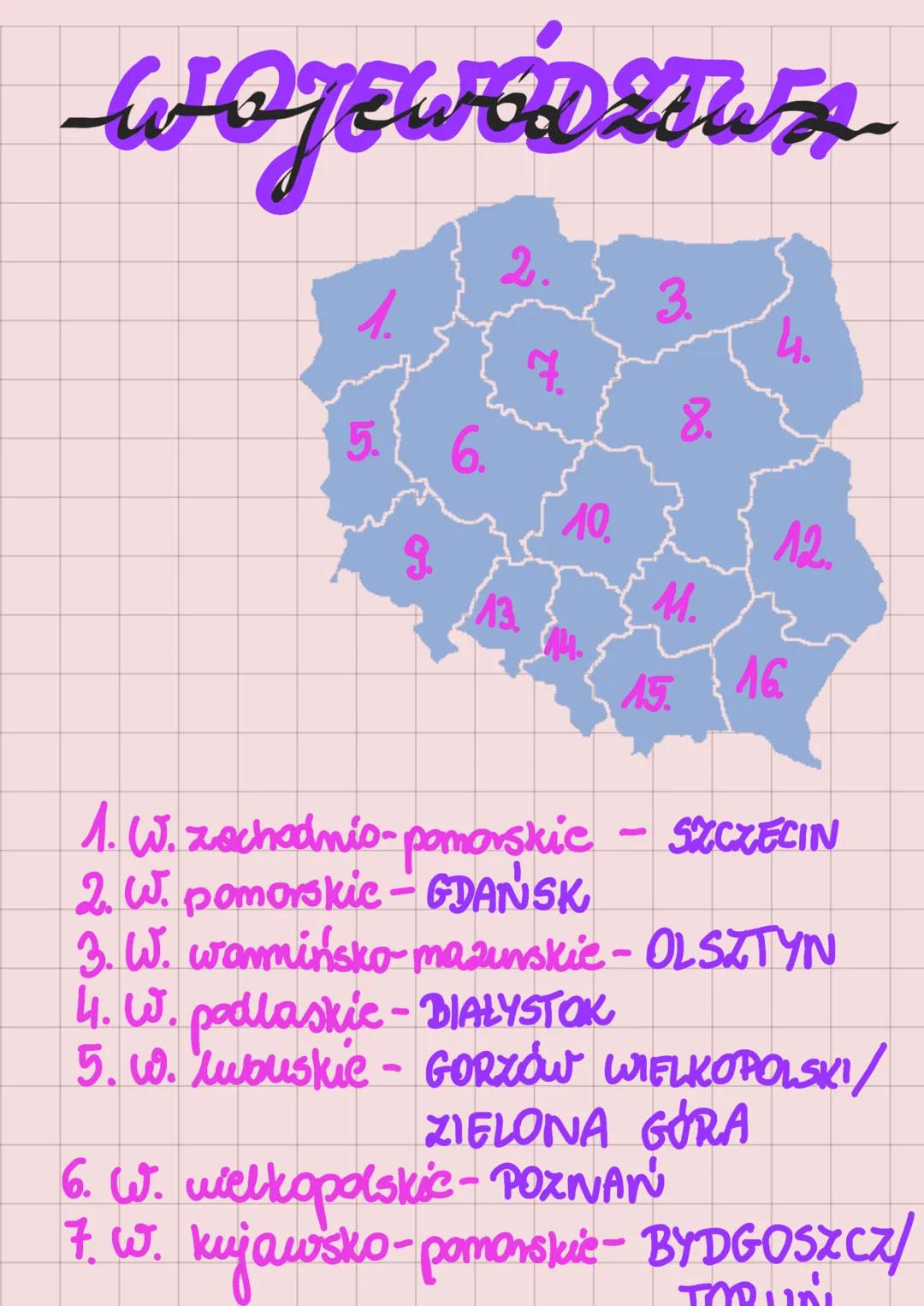 # WOJEWÓDZTWA
2.
3.
4.
7.
8.
5.16.
10.
9
12.
13
M.
15. 16
1. W. zachodnio-pomorskic - SZCZECIN
2. W. pomorskic-GDAŃSK
3. W. wa