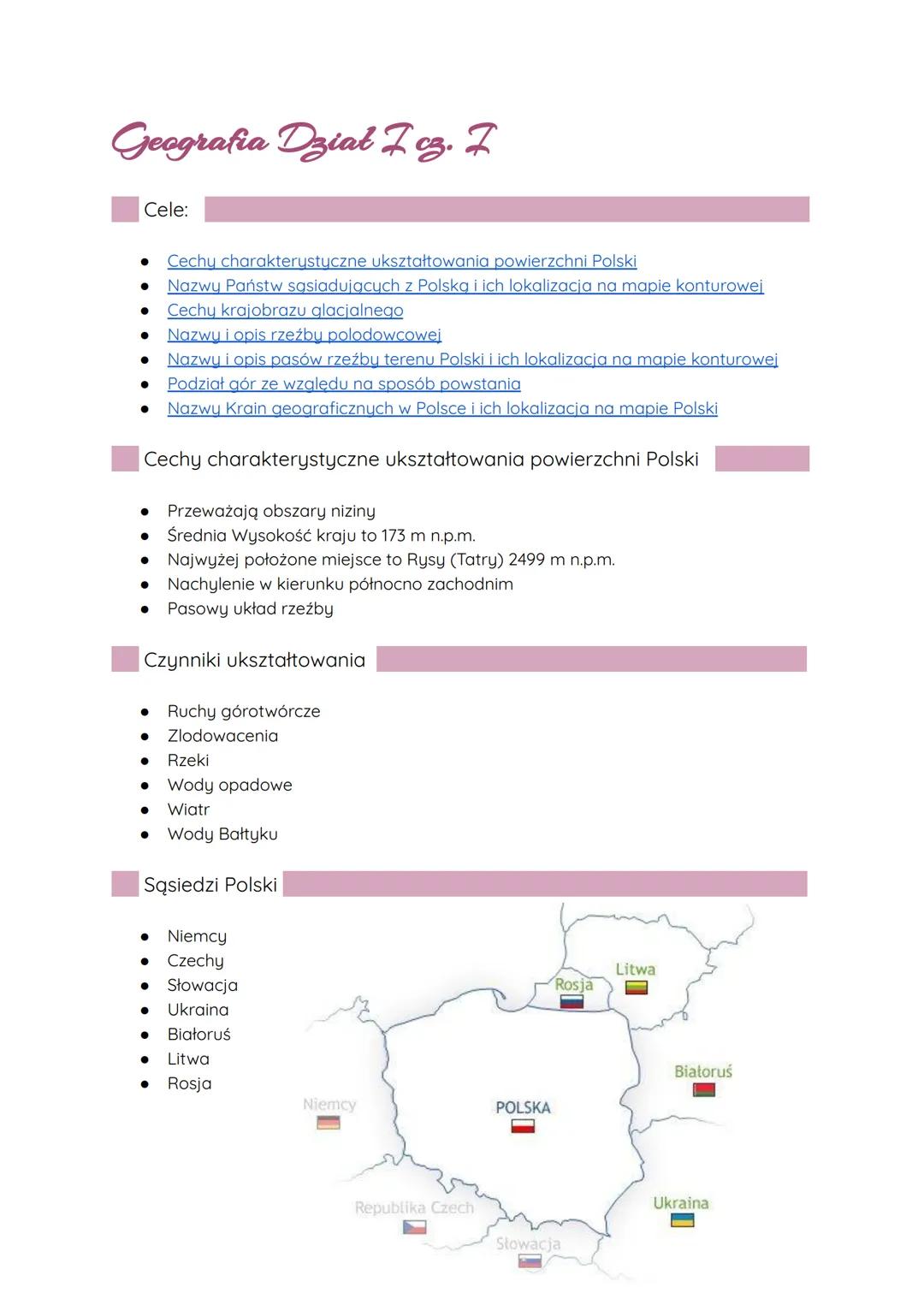 Geografia Dział Z cz. I
Cele:
● Cechy charakterystyczne ukształtowania powierzchni Polski
Nazwy Państw sąsiadujących z Polską i ich lokaliza