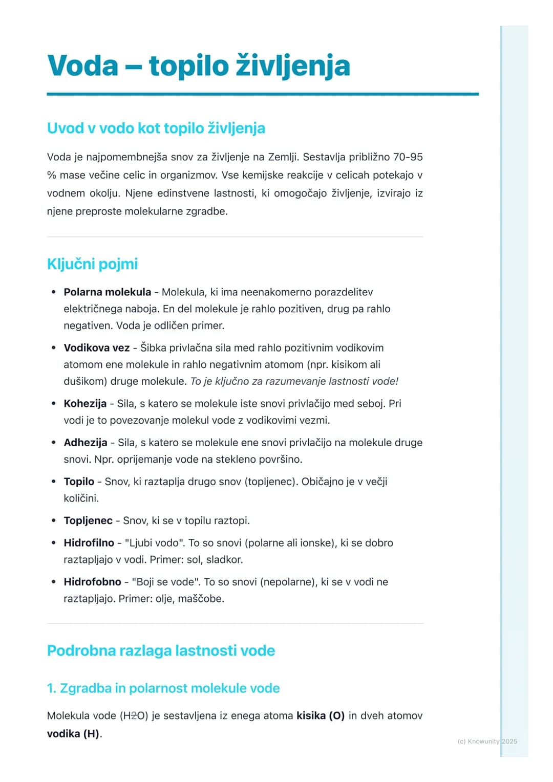 # Voda - topilo življenja
Uvod v vodo kot topilo življenja
Voda je najpomembnejša snov za življenje na Zemlji. Sestavlja približno 70-95
%