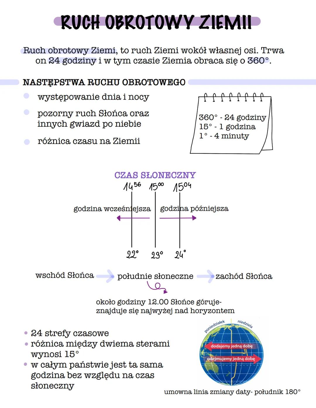 RUCH OBROTOWY ZIEMII
Ruch obrotowy Ziemi, to ruch Ziemi wokół własnej osi. Trwa
on 24 godziny i w tym czasie Ziemia obraca się o 360°.
NASTĘ