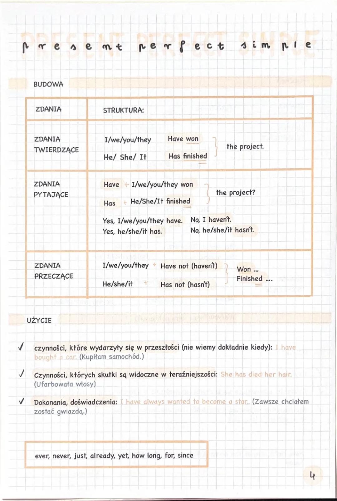 present
perfect
sim ple
BUDOWA
| ZDANIA | STRUKTURA: |
|---|---|
| ZDANIA<br>TWIERDZĄCE | I/we/you/they Have won<br>He/ She/ It Has finish