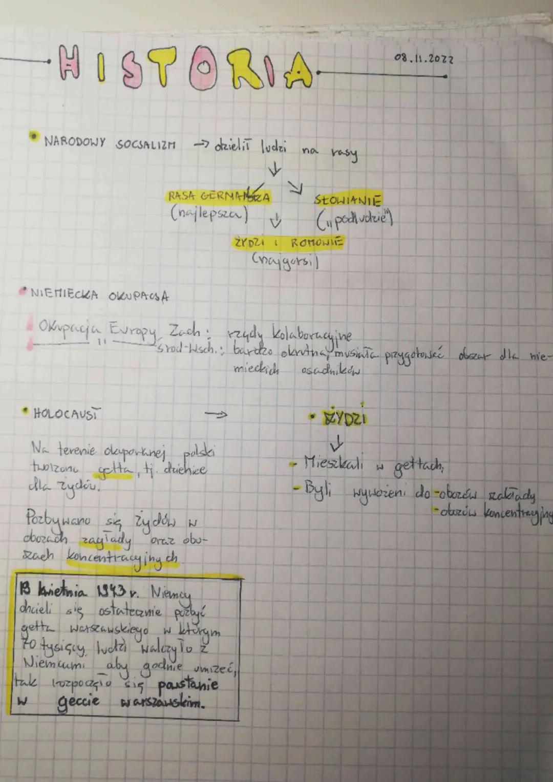 -HISTORIA
NARODOWY SOCJALIZM
→ dzielił ludzi na rasy
V
RASA GERMANA V
(najlepsza) ↓
• HOLOCAUSI
NIEMIECKA OKUPACA
4 Okupacja Europy Zach: rz