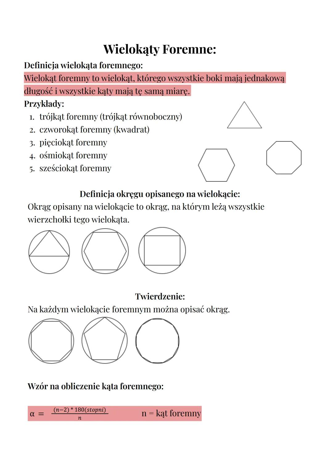 # Wielokąty Foremne:
Definicja wielokąta foremnego:
Wielokąt foremny to wielokąt, którego wszystkie boki mają jednakową
długość i wszystkie