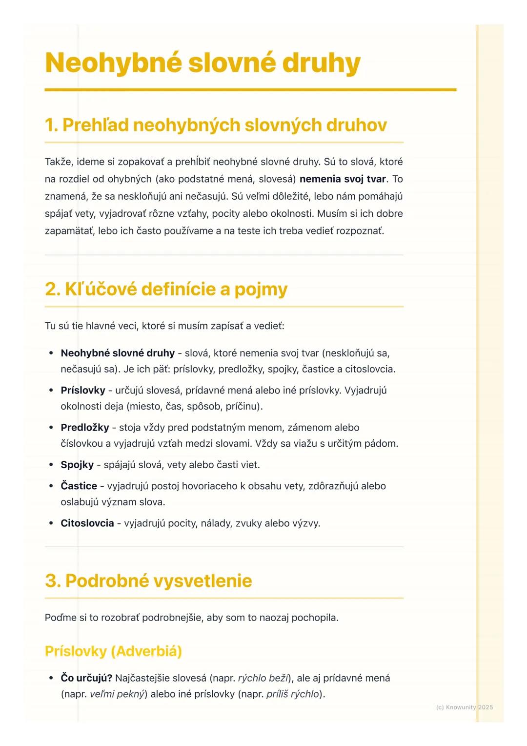 # Neohybné slovné druhy
1. Prehľad neohybných slovných druhov
Takže, ideme si zopakovať a prehĺbiť neohybné slovné druhy. Sú to slová, kto