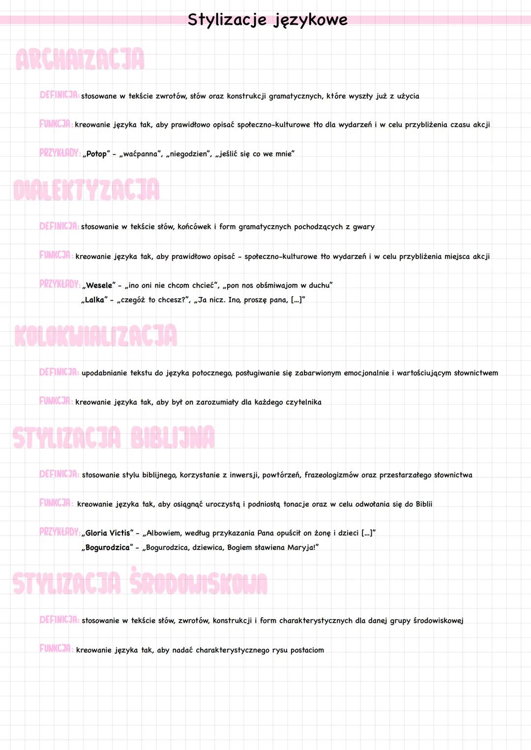 ARCHAIZACJA
DEFINICJA: stosowane w tekście zwrotów, słów oraz konstrukcji gramatycznych, które wyszły już z użycia
Stylizacje językowe
FUNKC