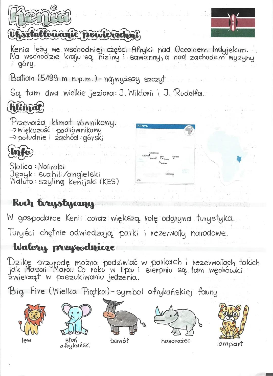 # Kenia
## Ühsztaltvwanie powierzchni
Kenia leży we wschodniej części Afryki nad Oceanem Indyjskim.
Na wschodzie kraju są niziny i sawanny