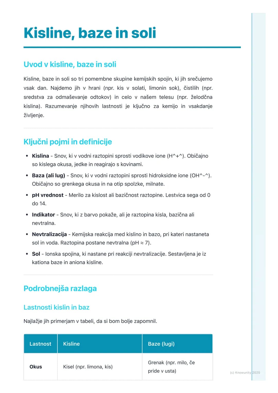# Kisline, baze in soli
Uvod v kisline, baze in soli
Kisline, baze in soli so tri pomembne skupine kemijskih spojin, ki jih srečujemo
vsak