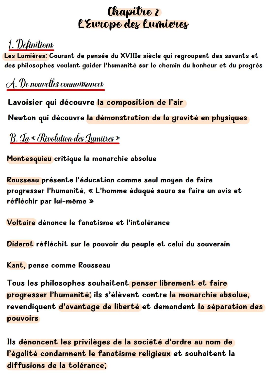# Chapitre 2
L'Europe des Lumieres
# 1. Définitions
Les Lumières: Courant de pensée du XVIIIe siècle qui regroupent des savants et
des phil