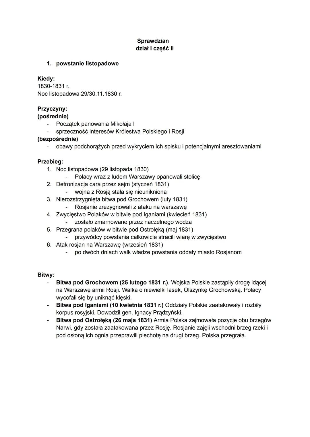 Sprawdzian z Historii dział I klasa 7 od „powstania listopadowego” do „zaborcy wobec ziem dawnej Rzeczypospolitej"