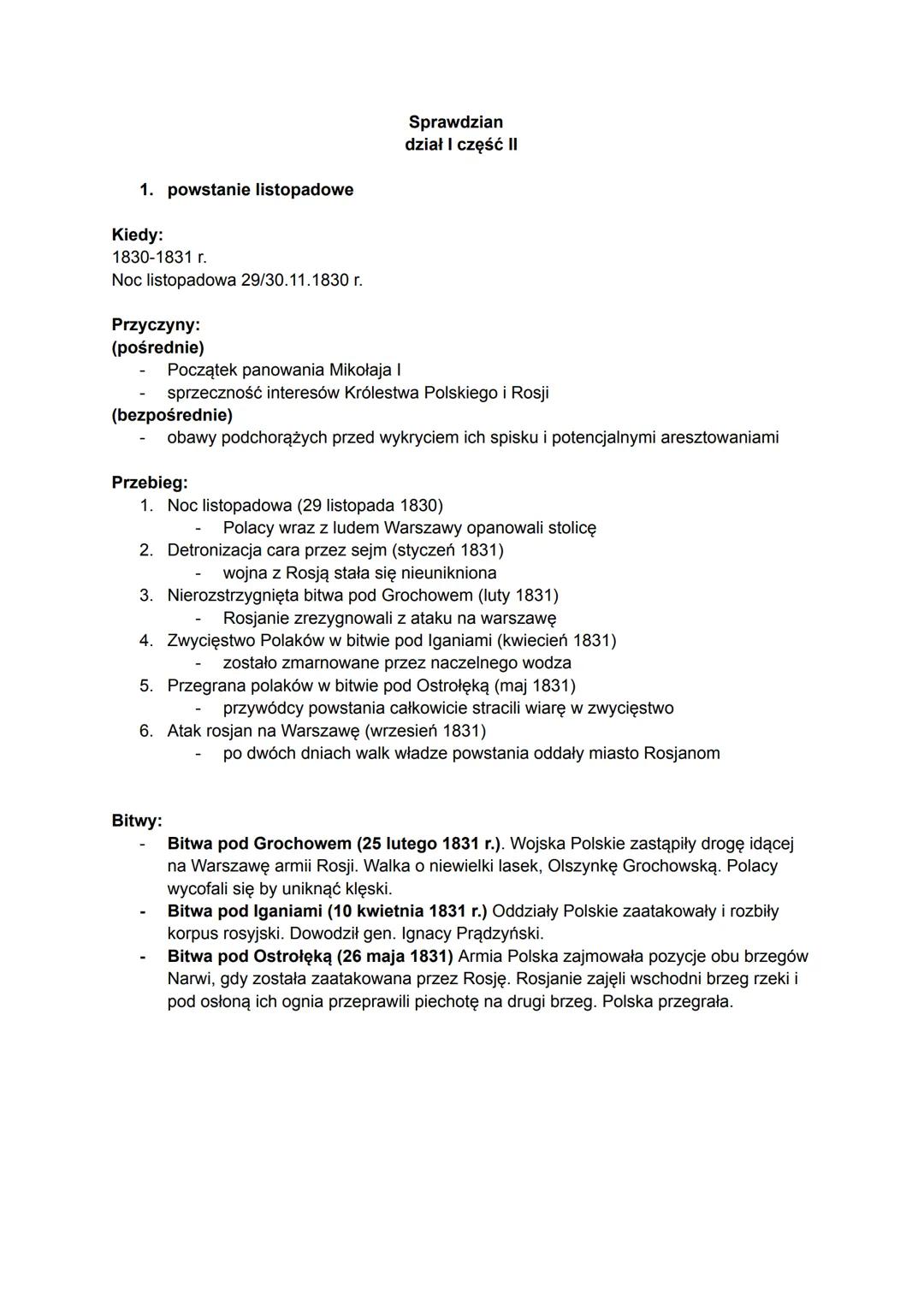 1. powstanie listopadowe
Kiedy:
1830-1831 r.
Noc listopadowa 29/30.11.1830 r.
Przyczyny:
(pośrednie)
Sprawdzian
dział I część II
(bezpośredn