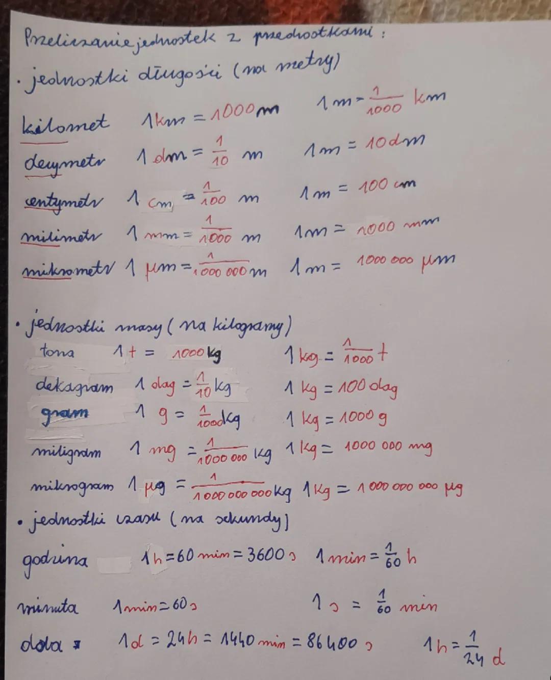 Przeliczanie jednostek z predrootkami :
• jednostki długości (na metry)
kilomet 1km = 1000m 1m= $\frac{1}{1000}$ km
deymetr
1 dm = $\frac