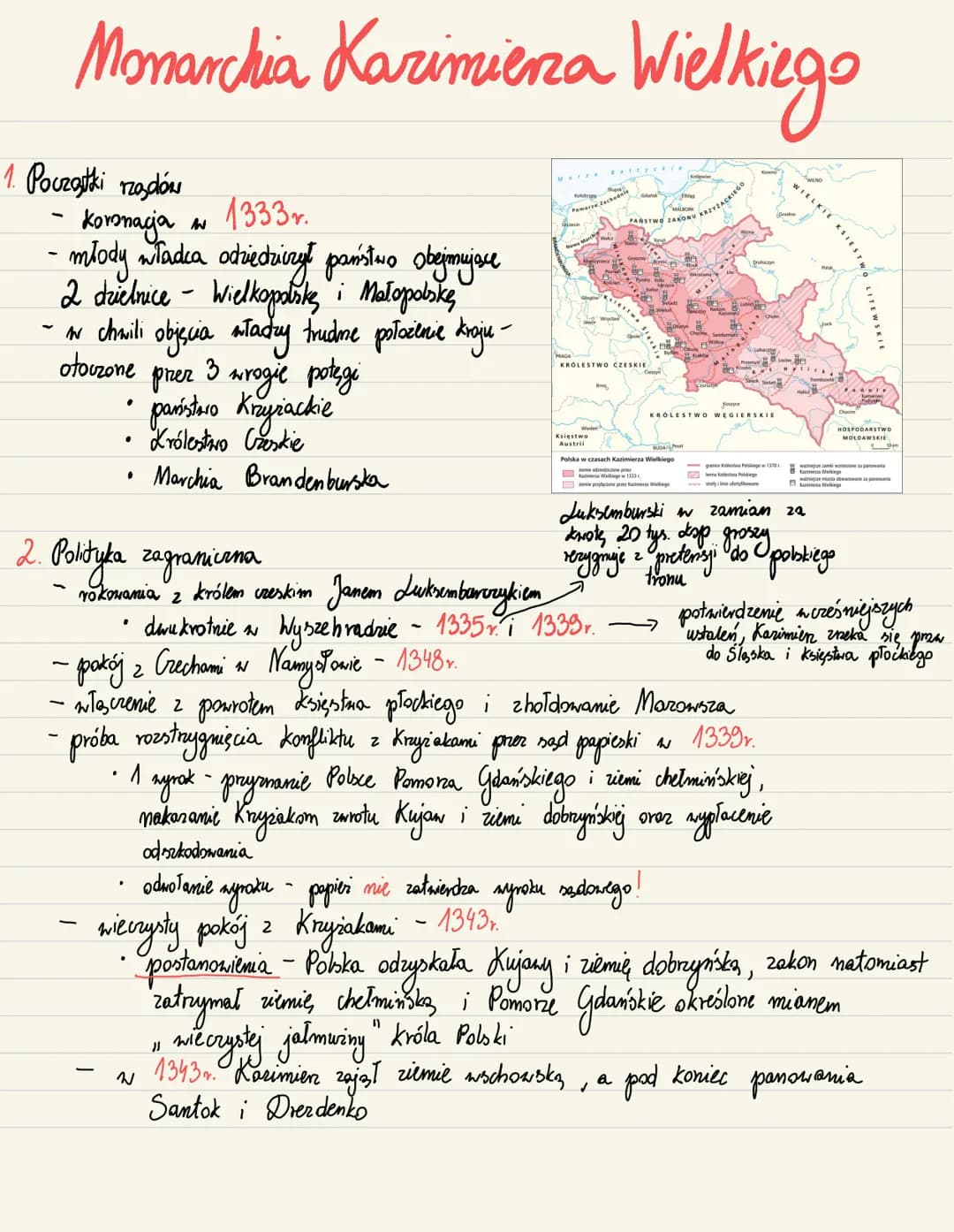 # Monarchia Kazimierza Wielkiego
## 1. Początki rządów
- Koronacja w 1333r.
- młody władca odziedziczył państwo obejmujące
2 dzielnice - W