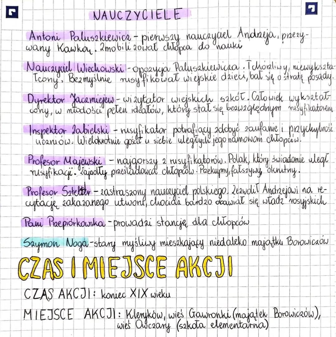 r
# NAUCZYCIELE
- Antoni Paluszkiewicz - pierwszy nauczyciel Andreja, prezy- wany Kawkoy. 2mo bili zował chłopca do nauki
- Nauczyciel Wiech