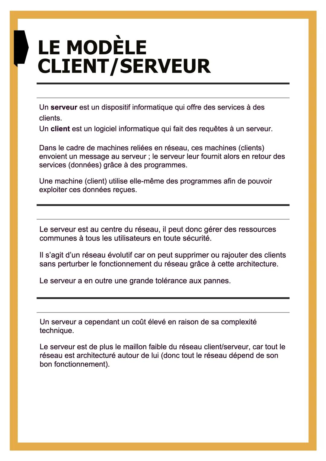 # LE MODÈLE
CLIENT/SERVEUR
Un serveur est un dispositif informatique qui offre des services à des
clients.
Un client est un logiciel inform