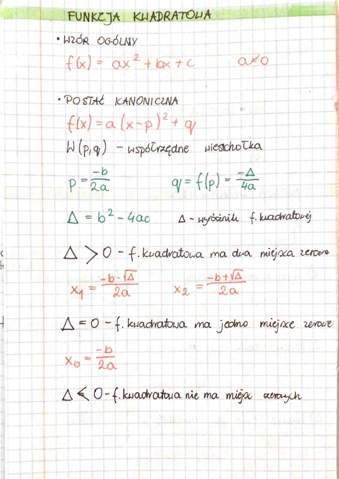P
FUNKCJA KWADRATOWA
• WZÓR OGÓLNY
f(x) = ax
2
= ax + box + c
• POSTAĆ KANONICZNA
2
f(x) = a (x-p)² + q
W (p, q) - współrzędne wiesschołka
q