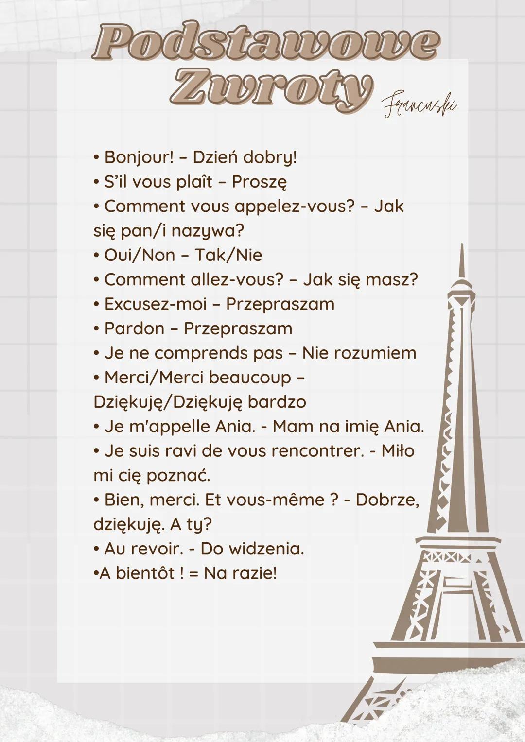 Podstawowe
Zwroty french
Francuski
Bonjour! - Dzień dobry!
●
S'il vous plaît - Proszę
• Comment vous appelez-vous? - Jak
się pan/i nazywa?
O