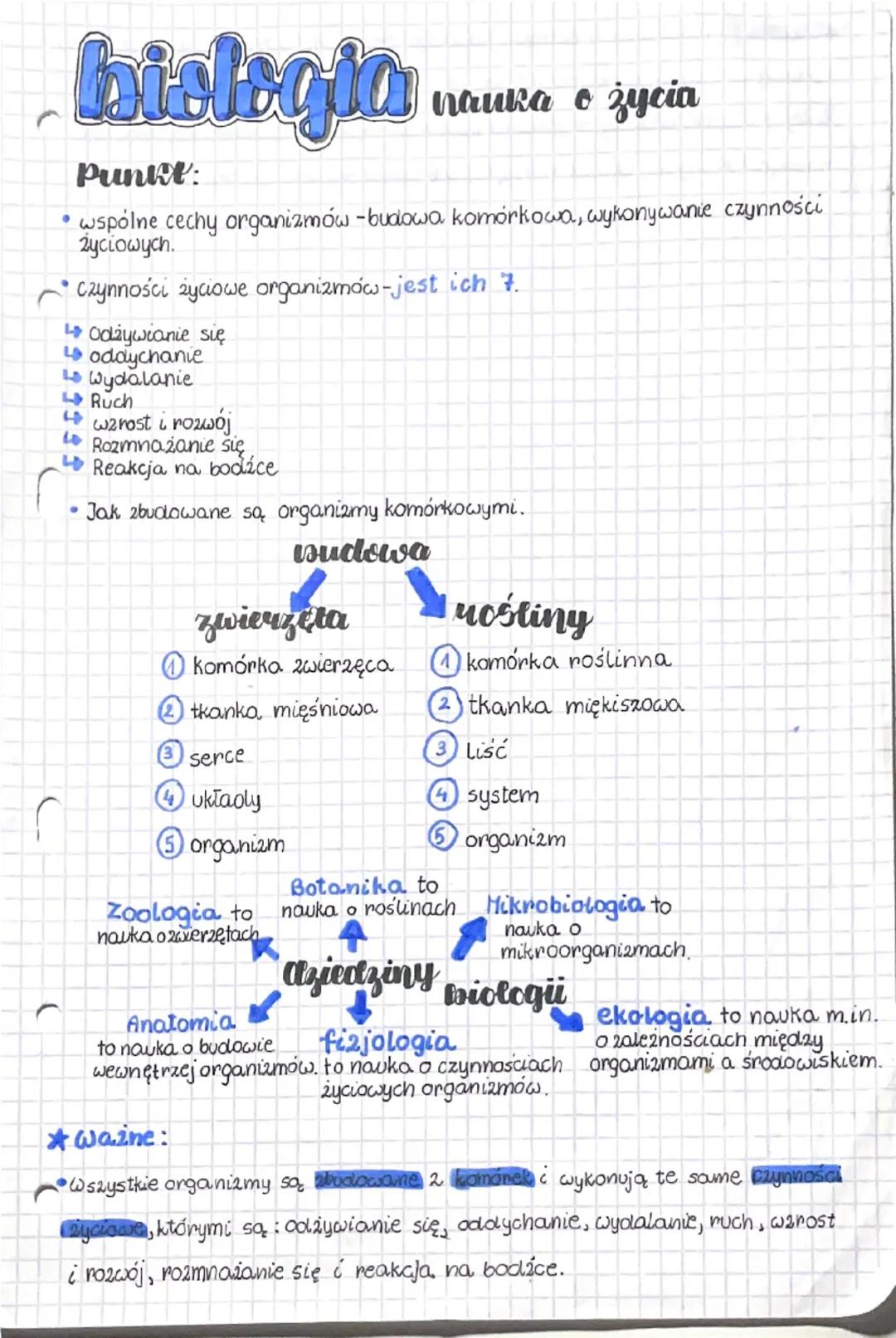bielegia
nauka o życia
•
•
Punkt:
wspólne cechy organizmów -budowa komórkowa, wykonywanie czynności
życiowych.
Czynności życiowe organizmów-