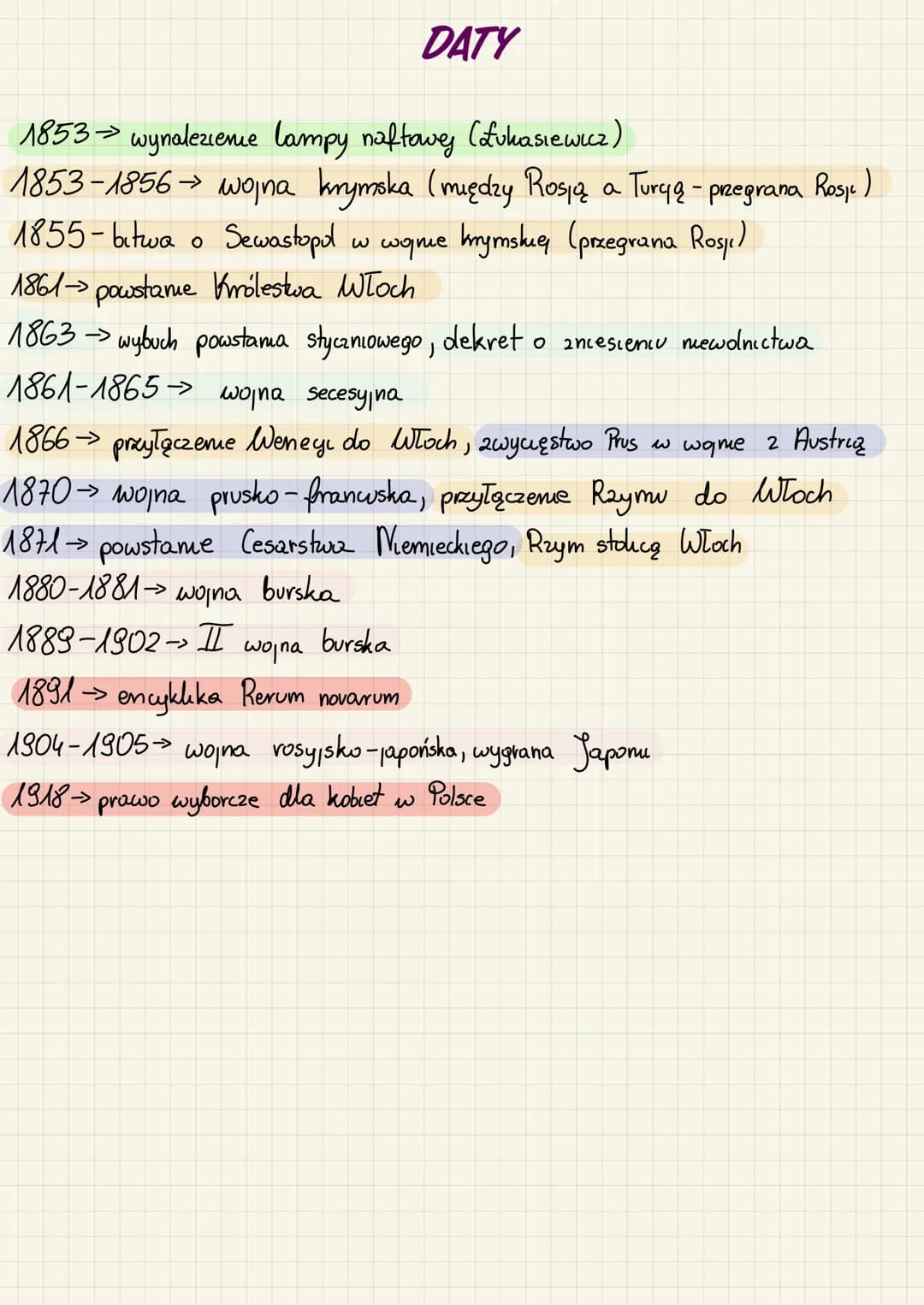 # DATY
1853 -> wynalezienie lampy naftowej (Lukasiewicz)
1853-1856 -> wojna krymska (między Rosją a Turqą - pregrana Rosu)
1855 -> bitwa o S