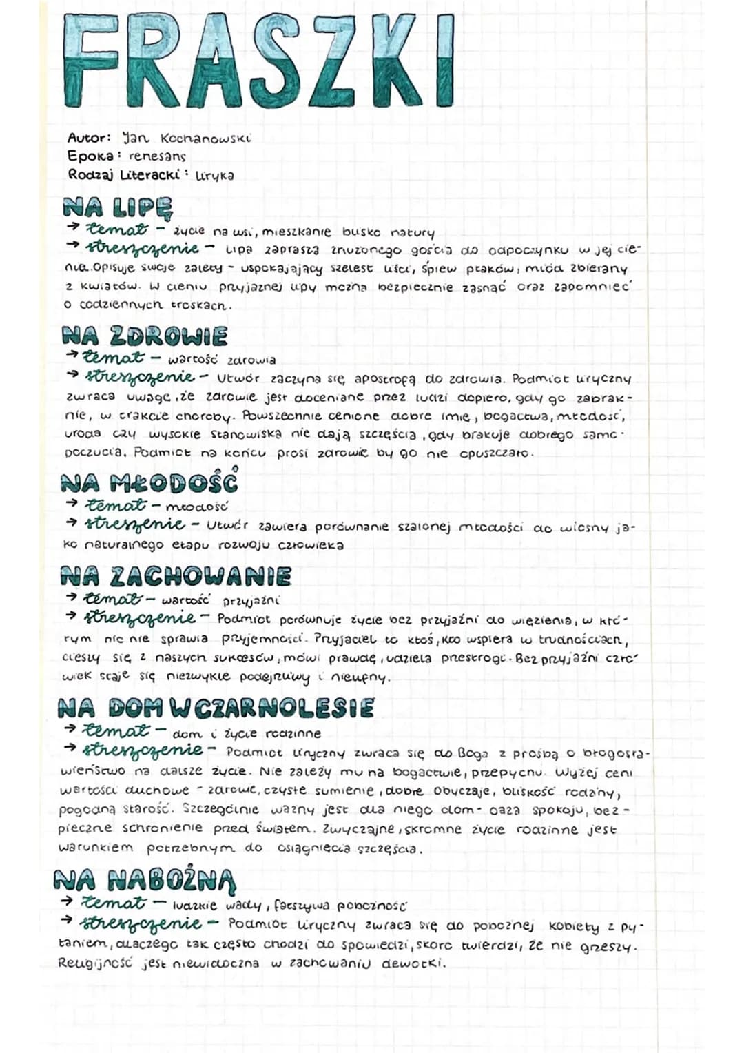 # FRASZKI
Autor: Jan Kochanowski
Epoka: renesans
Rodzaj Literacki: Liryka
## NA LIPĘ
- temat: zycie na wsi, mieszkanie busko natury
- stres