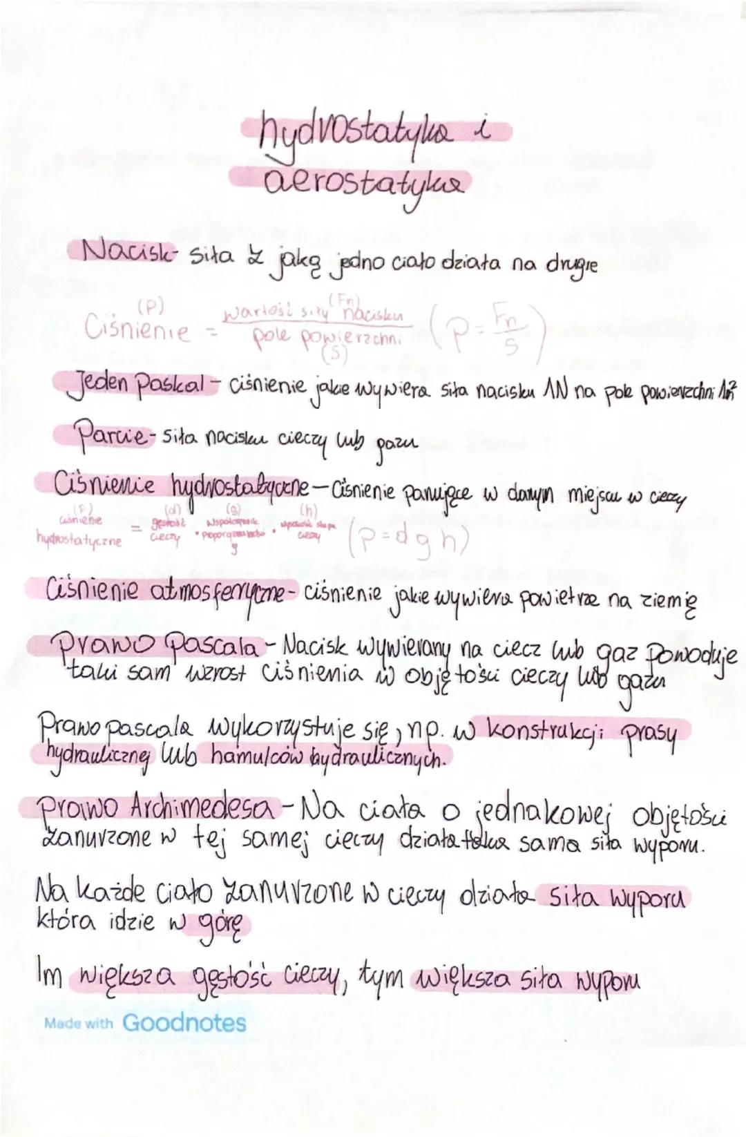 --- OCR Start ---
hydrostatyka i
aerostatyka
Nacisk sita z jaką jedno ciało działa na drugrie
(P)
Ciśnienie =
Wariosi siry nacisku
Pole pow