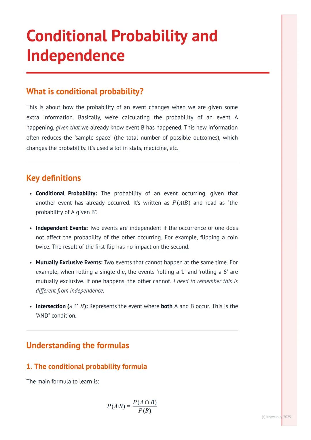 # Conditional Probability and
Independence
What is conditional probability?
This is about how the probability of an event changes when we