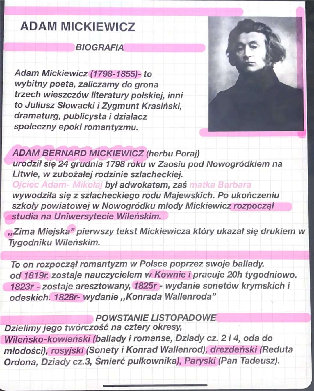 ADAM MICKIEWICZ
BIOGRAFIA
Adam Mickiewicz (1798-1855)- to
wybitny poeta, zaliczamy do grona
trzech wieszczów literatury polskiej, inni
to Ju