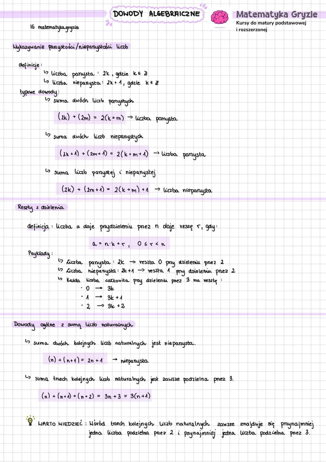 # DOWODY ALGEBRAICZNE
IG matematyka gryzie
Hykazywanie parystości/niepanystości liczb
definicje:
↳ liczba parzysta 2k, gdzie ke 2
typow