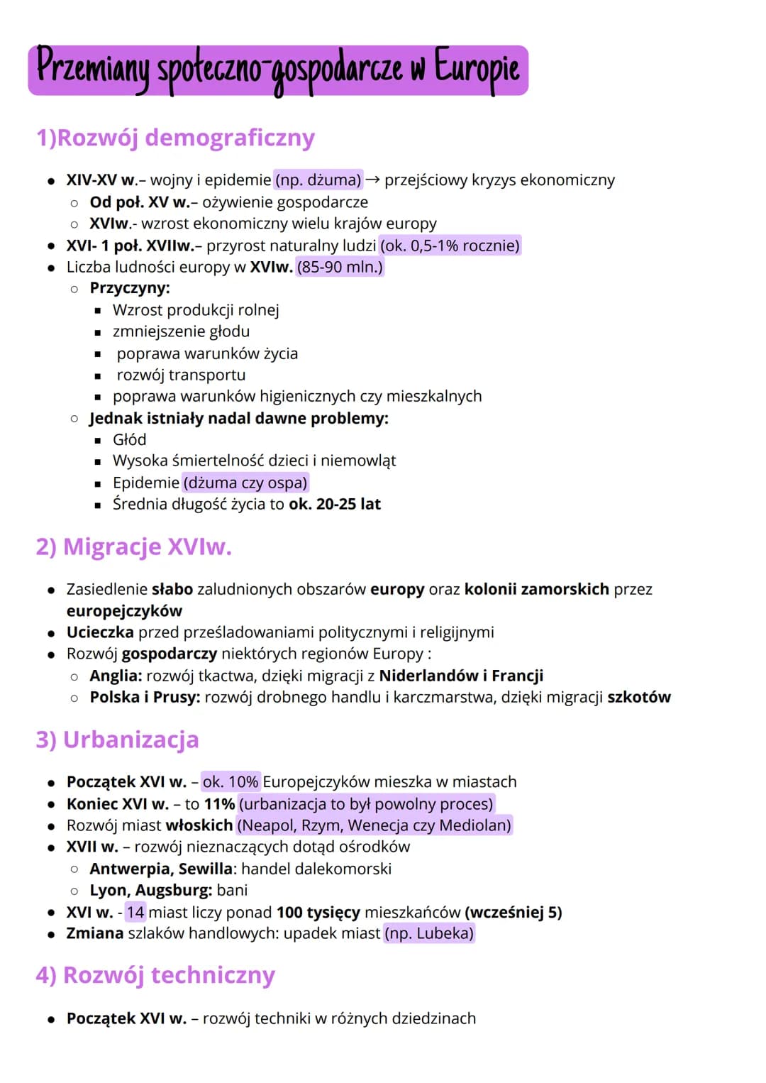 # Przemiany społeczno-gospodarcze w Europie
## 1) Rozwój demograficzny
- XIV-XV w.- wojny i epidemie (np. dżuma) → przejściowy kryzys ekonom