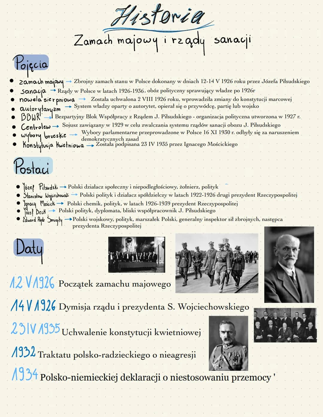 ## Zamach majowy i rządy sanacji
### Zamach majowy
12-14 MAJA 1926 ROK
Zbrojne przejęcie władzy przez Józefa Piłsudskiego. Zakończone walka