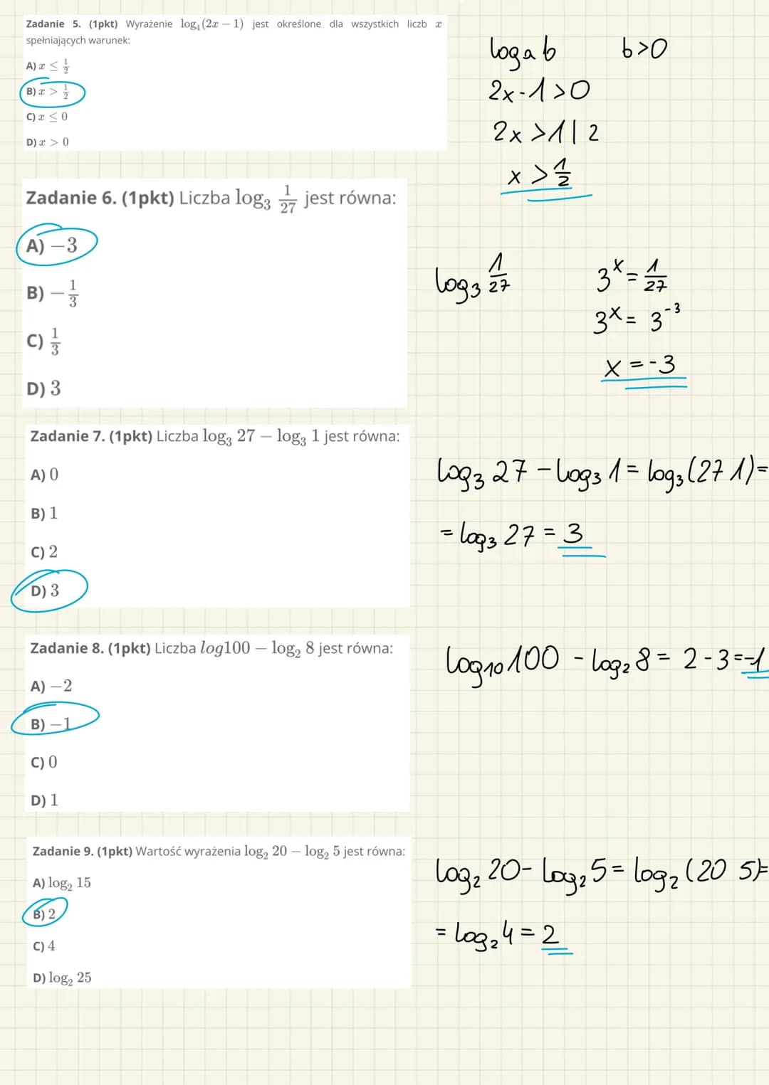 # ZADANIA
Zadanie 1. (1pkt) O liczbie $x$ wiadomo, że $\log_3 x = 9$. Zatem:
A) $x = 2$
B) $x = \frac{1}{2}$
C) $x = 3^9$
D) $x = 9^3$
$\l