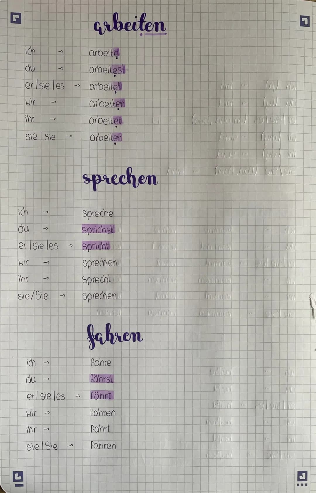 # arbeiten
ich -> arbeite
du -> arbeitest
er/sie/es -> arbeitet
wir -> arbeiten
ihr -> arbeitet
sie | Sie -> arbeiten
# sprechen
ich -> Spr