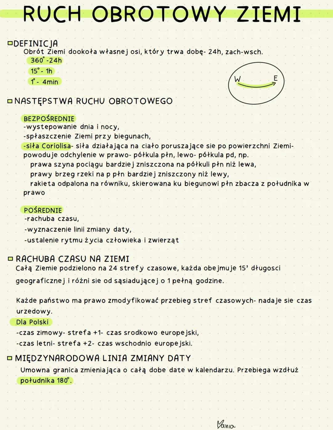 RUCH OBROTOWY ZIEMI
DEFINICJA
Obrót Ziemi dookoła własnej osi, który trwa dobę- 24h, zach-wsch.
360° -24h
15° - 1h
1°- 4min
POŚREDNIE
-rachu