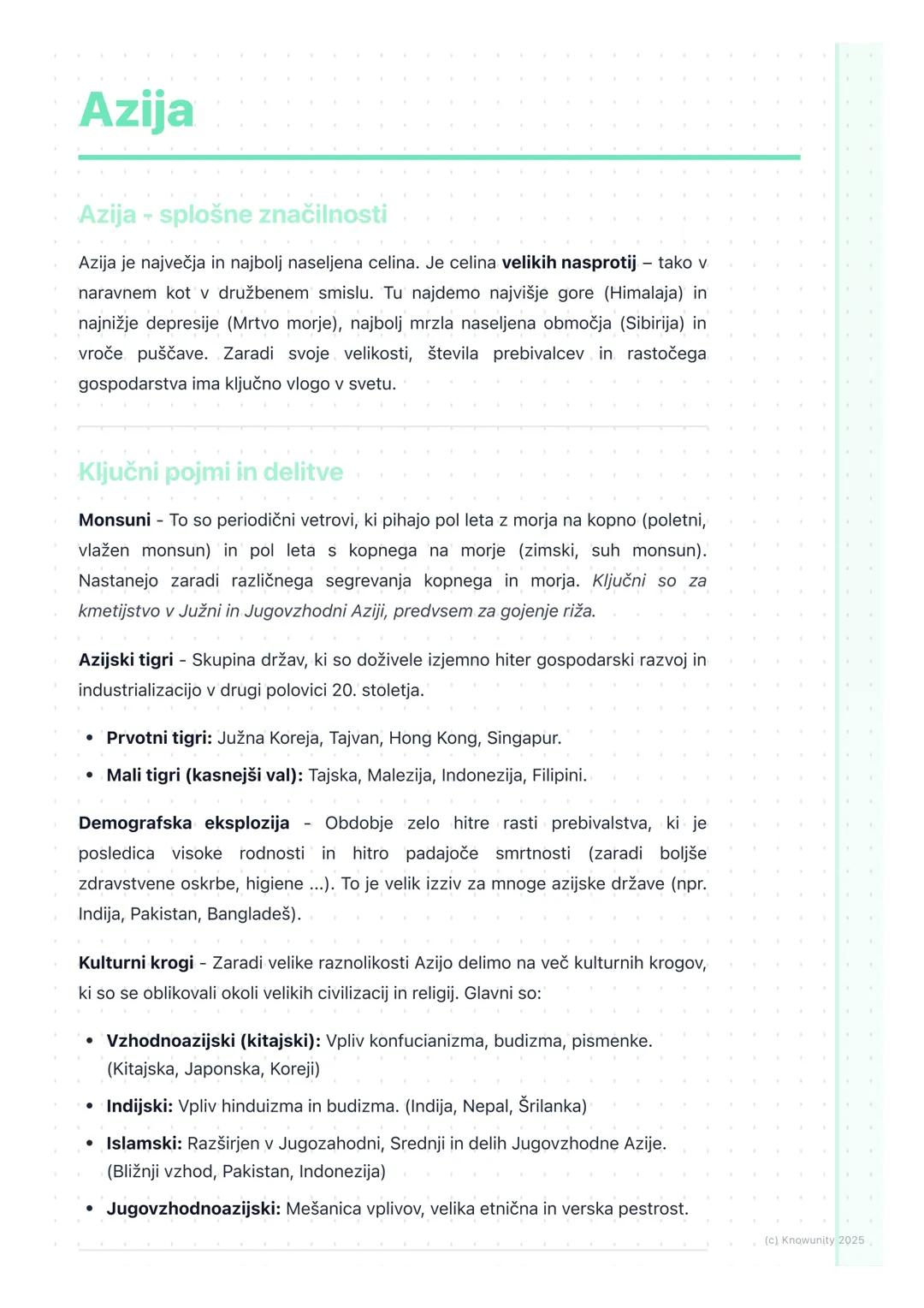 # Azija
Azija - splošne značilnosti
Azija je največja in najbolj naseljena celina. Je celina velikih nasprotij - tako v
naravnem kot v dru